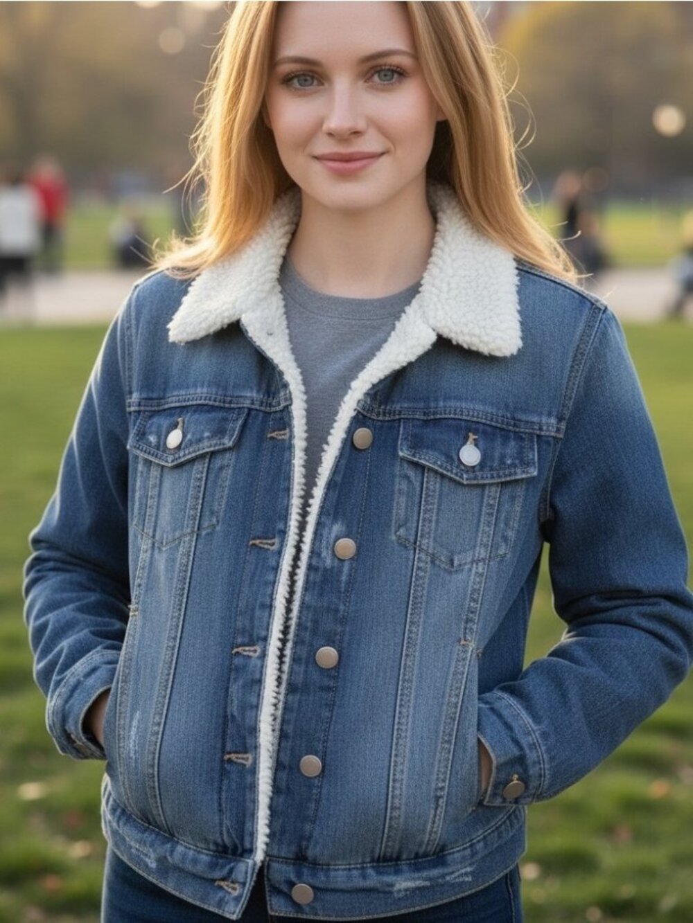 NWT Ashley Vintage Charm Sherpa Lined Distressed Denim Trucker Jacket Women's M